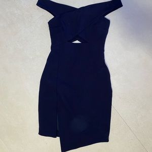 Dark royal blue off shoulder mini dress with slit